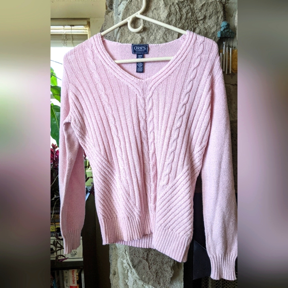Chaps Classics sparkle pink cable knit accent sweater.